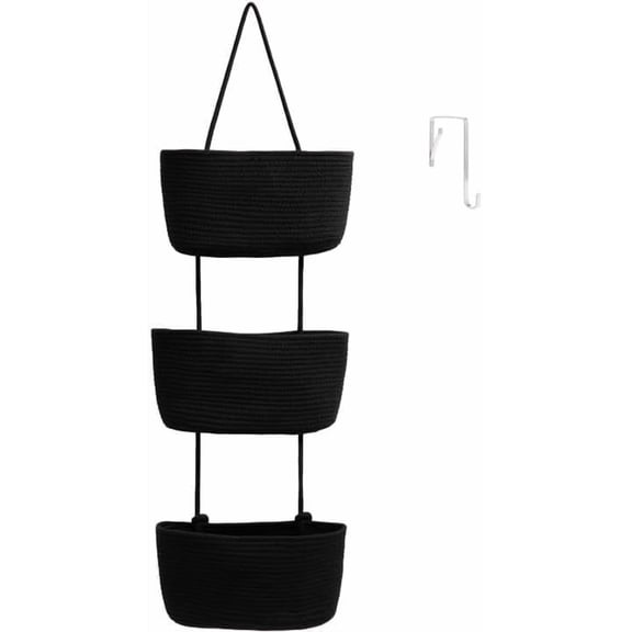 Over the Door Organizer, 3-Tier Woven Cotton Hanging Kitchen Baskets Storage Organizer Bag with Hooks Wall-Mounted Decorative Rope Baskets - Black