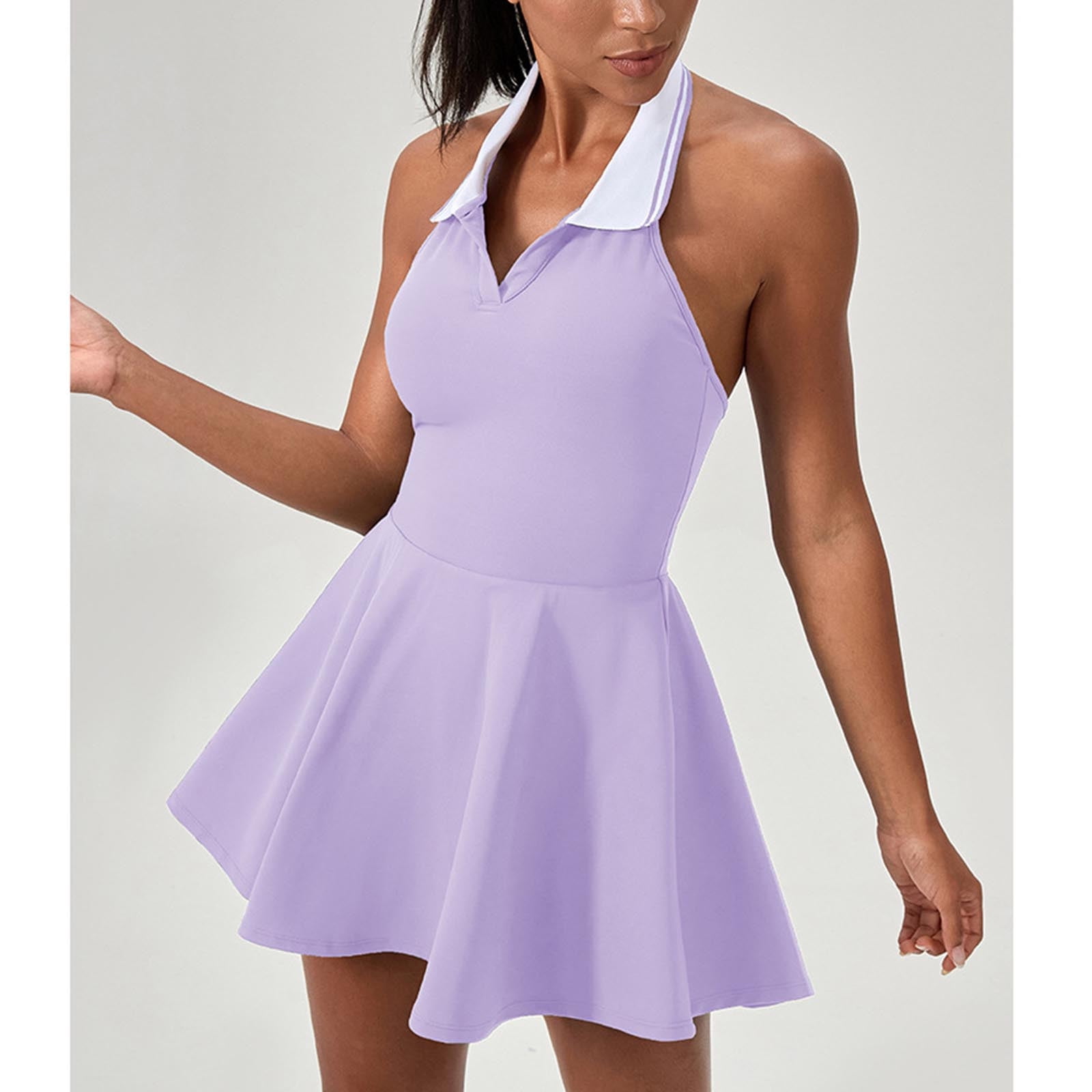 Htigea Tennis Dress for Women Backless Halter Athletic Dress Summer Collared Golf Workout Mini Dresses Purple S