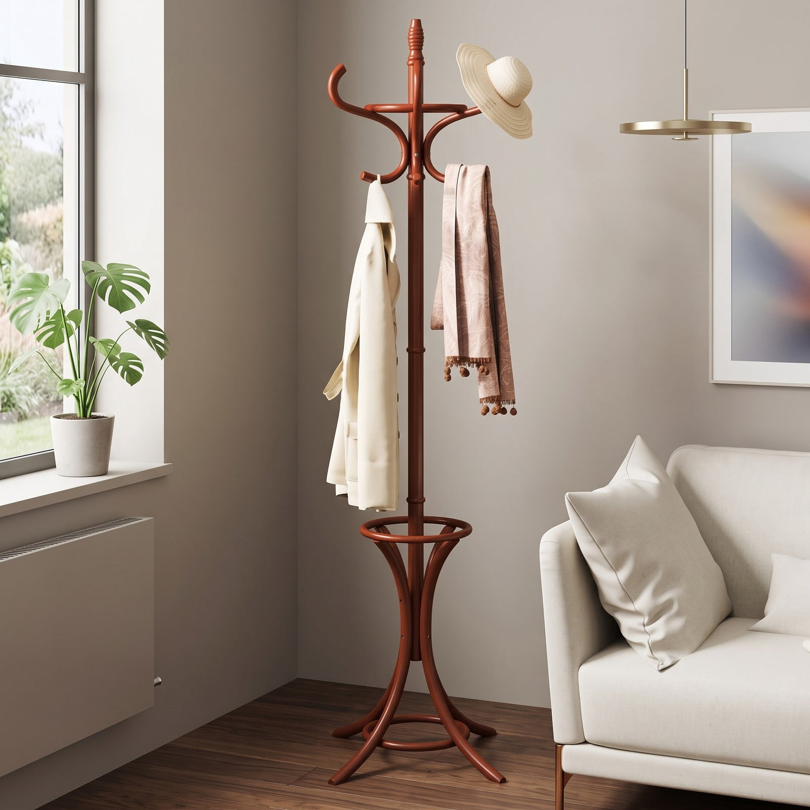 Furnibear Freestanding Wood Coat and Hat Rack Stand with Umbrella Stand Rotating Top and 12 Hooks for Entryway and Hallway, Brown