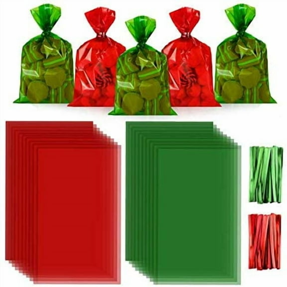 210 Piece Christmas Cellophane Bags - Candy & Cookie Gift Bags with Twist Ties for Christmas Theme Party Supplies - 6 x 9 Inch (Red, Dark Green) Red, Dark Green