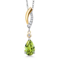 Gem Stone King 925 Silver and 10K Yellow Gold Green Peridot and White Lab Grown Diamond Pendant Necklace for Women | 1.31 Cttw | Gemstone August Birthstone | Pear Shape 9X6MM | With 18 inch Chain