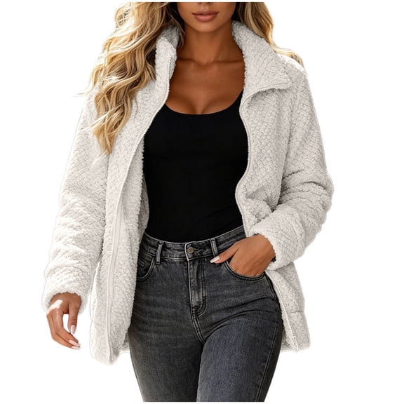 JOANKDMI Fuzzy Fleece Jacket for Women Full Zip Sherpa Coat Casual Stand Collar Long Sleeve Winter Warm Outerwear with Pockets Cozy Fluffy Tops for Fall Cold Weather