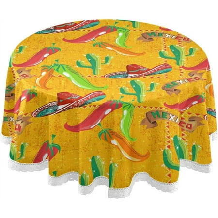 SKYSONIC 60" Cactus Sombrero Chili Round Table Cloths Mexican Food Pattern Tablecloths for Home Kitchen Restaurat Decor Polyester Washable Tablecover Kithchen Party Picnic