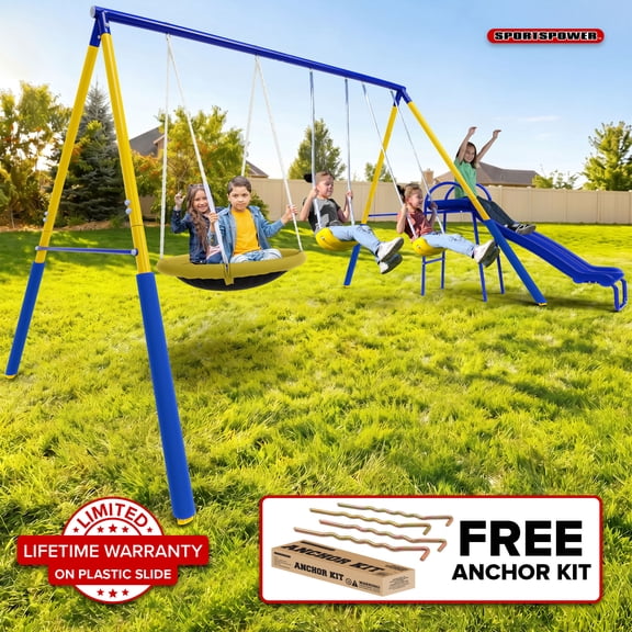 Sportspower Super Saucer II Metal Swing Set with 2 Swings, 2-Person Saucer Swing, 5fT Slide with Lifetime Warranty, for Kids Aged 3-8, BONUS Anchor Kit
