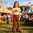 thumbnail image 2 of Girls 2 Piece Outfits Western Cowboy Hat Print Puff Short Sleeve Top and Lace Bow Flared Bell Bottom Pants, Kids Casual Matching Outfit for Festival Daily Wear(Coffee,7-8 Years), 2 of 4