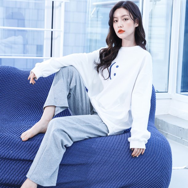 Pijamas de algodón puro para mujer, traje de pantalón de manga larga con cuello redondo, ropa de dormir informal estampada para el hogar, primavera y otoño