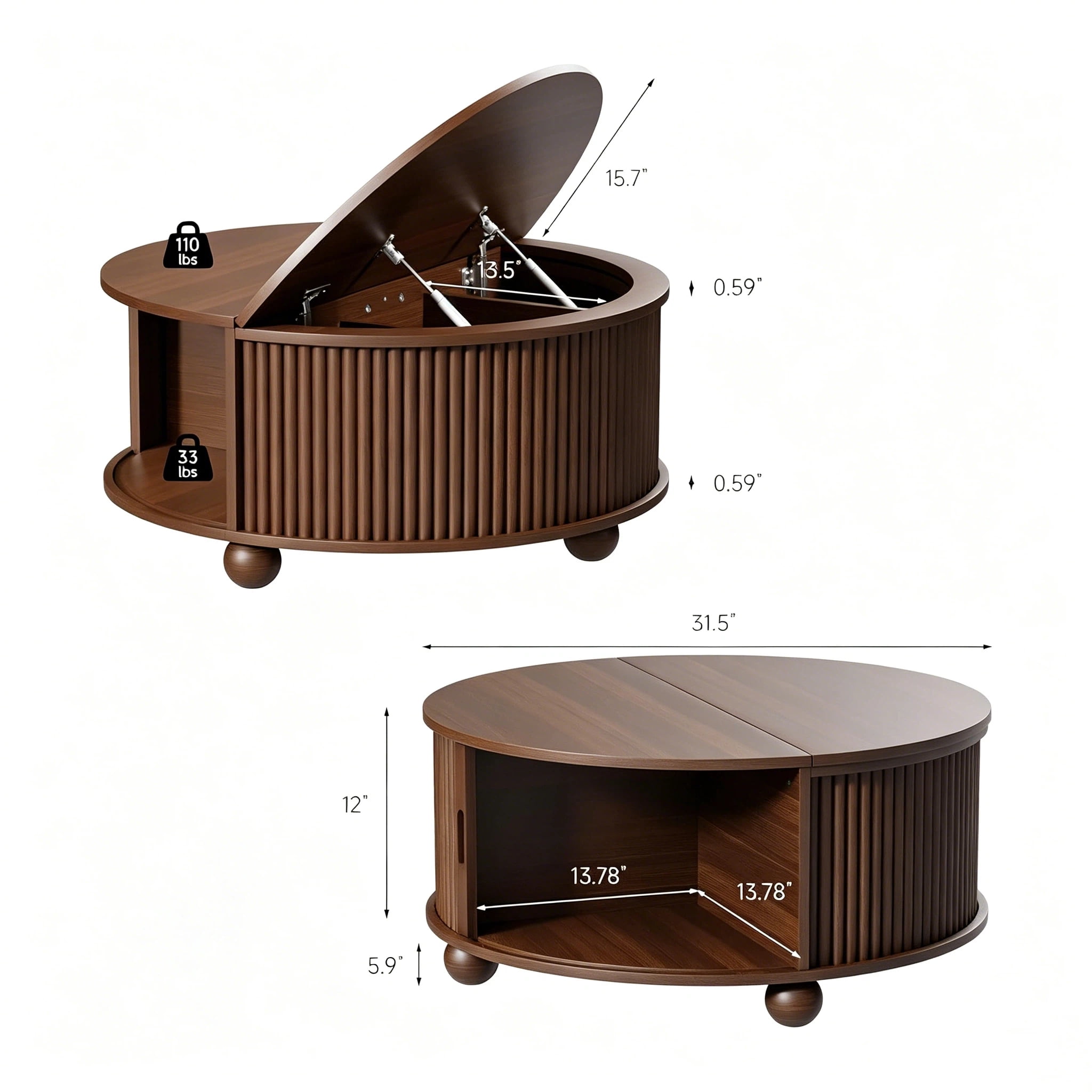 AISWORD 31.5" Fluted Round Coffee Table with Storage, Mid Century Modern Lift Top Drum Accent Table for Living Room Small Space, Walnut