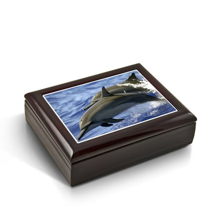 Graceful Dolphin Duo Frolicking Through Waves Tile Musical Jewelry Box - L'amour est Blue - SWISS