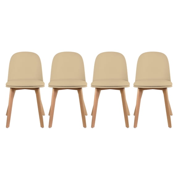 Set of 4 Armless Plastic Dining Chair Wood Legs for Dining Room Faux Leather Molded Seat With Cushion, Beige