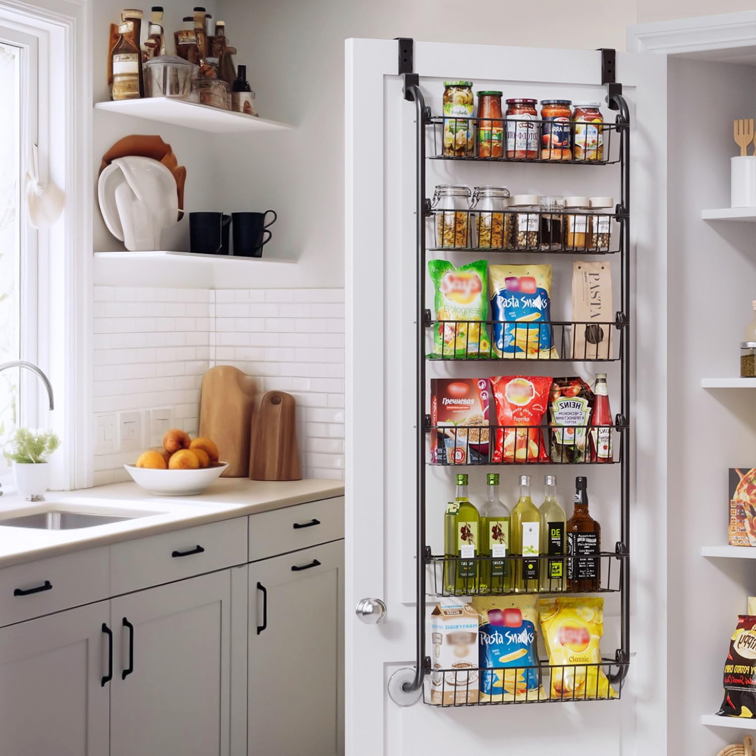 6-Tier Over the Door Pantry Organizer, Metal Pantry Organizers and Storage, Spice Rack Pantry Door Organizer for Easy Install, D5 x W18 x H50 inch - Black