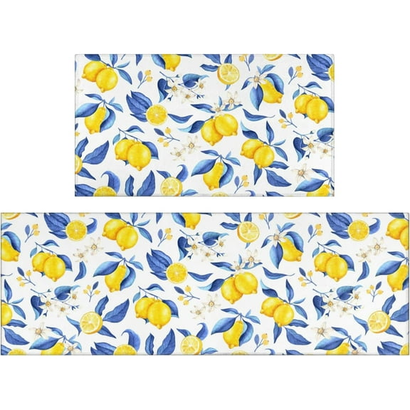 Lemon Kitchen Rugs and Mats Set of 2, Blue and Yellow Lemon Summer Farmhouse Non-Skid Washable for Kitchen Floor Sink Mats Decor and Accessories 17"x30" 17"x47"