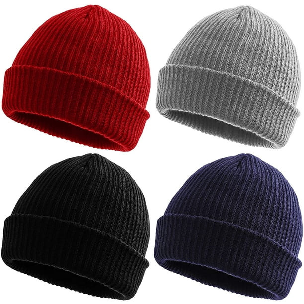 4 Pack Beanie Hats Head Warmer for Men Women,Winter Outdoor Warm Ribbed  Knit Cap Black