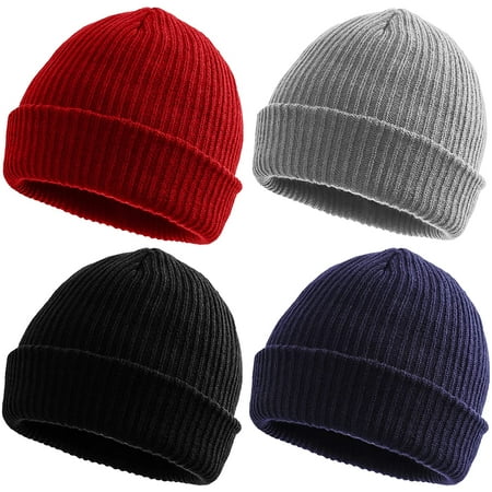 Lot de 4 bonnets pour homme et femme, bonnet chaud en tricot côtelé pour  l'hiver, noir