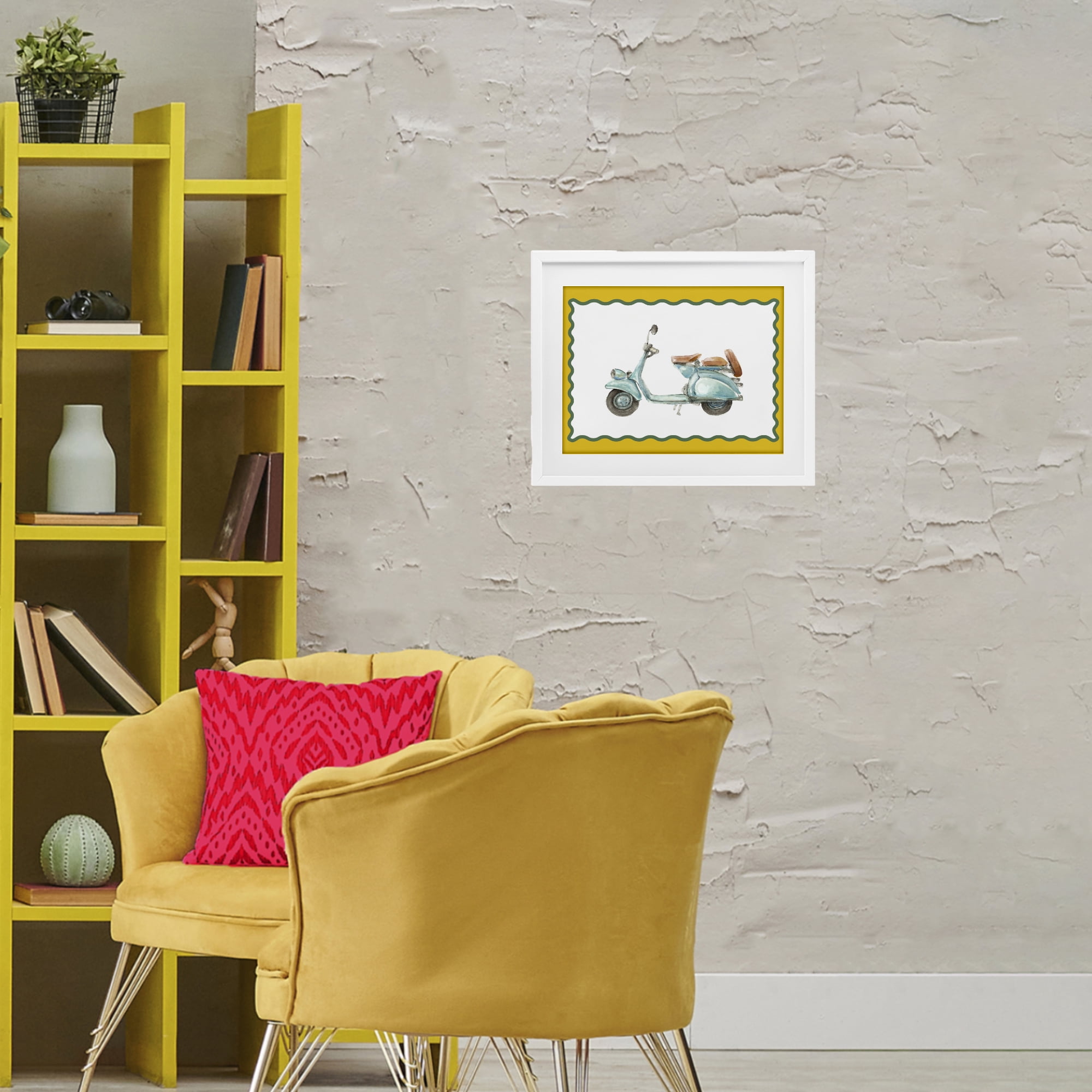 Stupell Industries Blue Vespa with Yellow Border White Framed Print Under Glass, design by Lanie Loreth