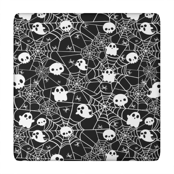 Halloween Ghosts and Skulls in Spider Webs Square Fitted Tablecloth with Elastic Edge,Square Table Cover,Washable Elastic Table Cover for Home Kitchen Party Decor 34"x34"