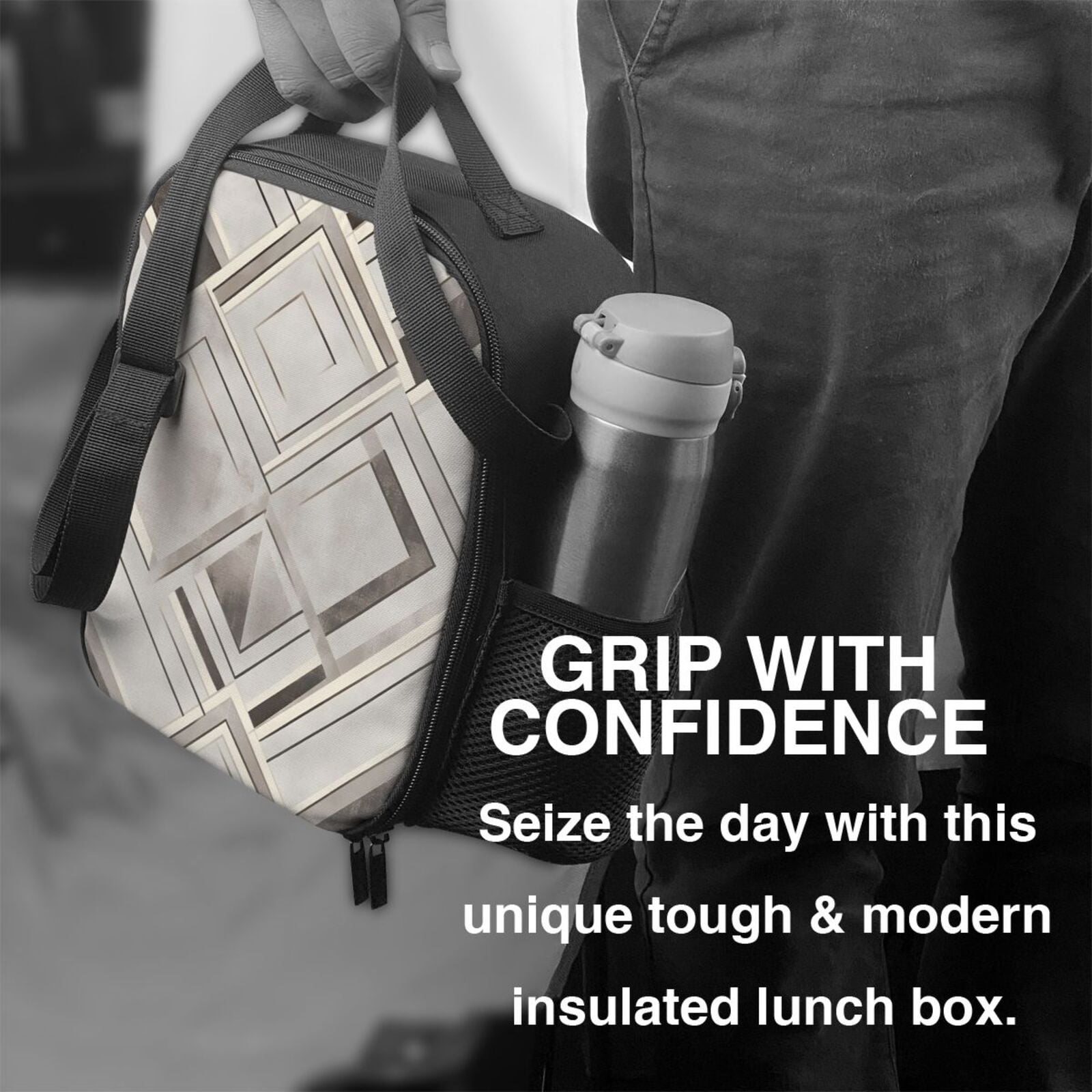 Thermal Insulation One Shoulder Portable Bento Bag Can Be Reused 8×10.5in For Carrying Drinks Bento Box Fruit Snacks Lightslategray Geometric Lines_1