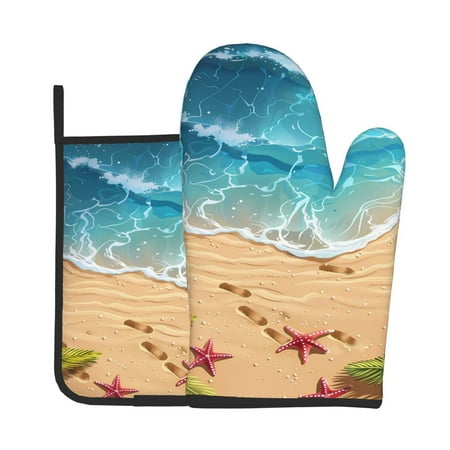 

Zeuib Tropical Beach With Starfish Print Oven Mitt & Pot Holder Set 2-Pack Kitchen Gloves and Hot Pads for Cooking BBQ Grilling Baking