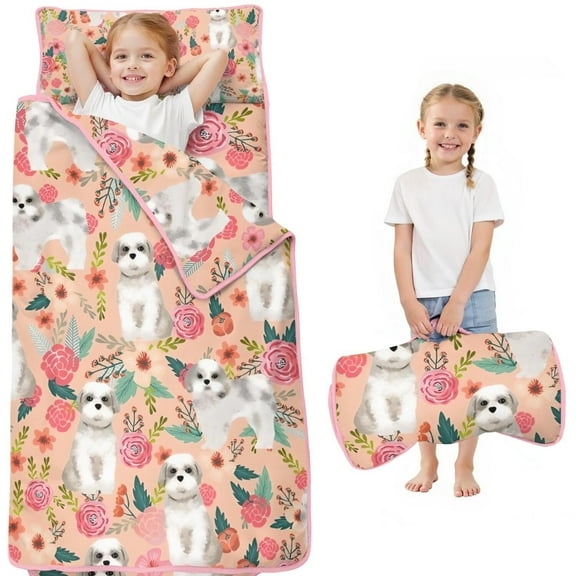 Shih Tzu Dog and Pioneer Flower Toddler Nap Mats for Kids Preschool,Sleeping Mat Bag or Kids,Toddler Sleeping Bag,Toddler Nap Mat or Daycare