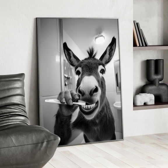 Donkey Bathroom Humor Wall Art, Black White Retro Animal Decor, Unframed Paper Print Size 8x12
