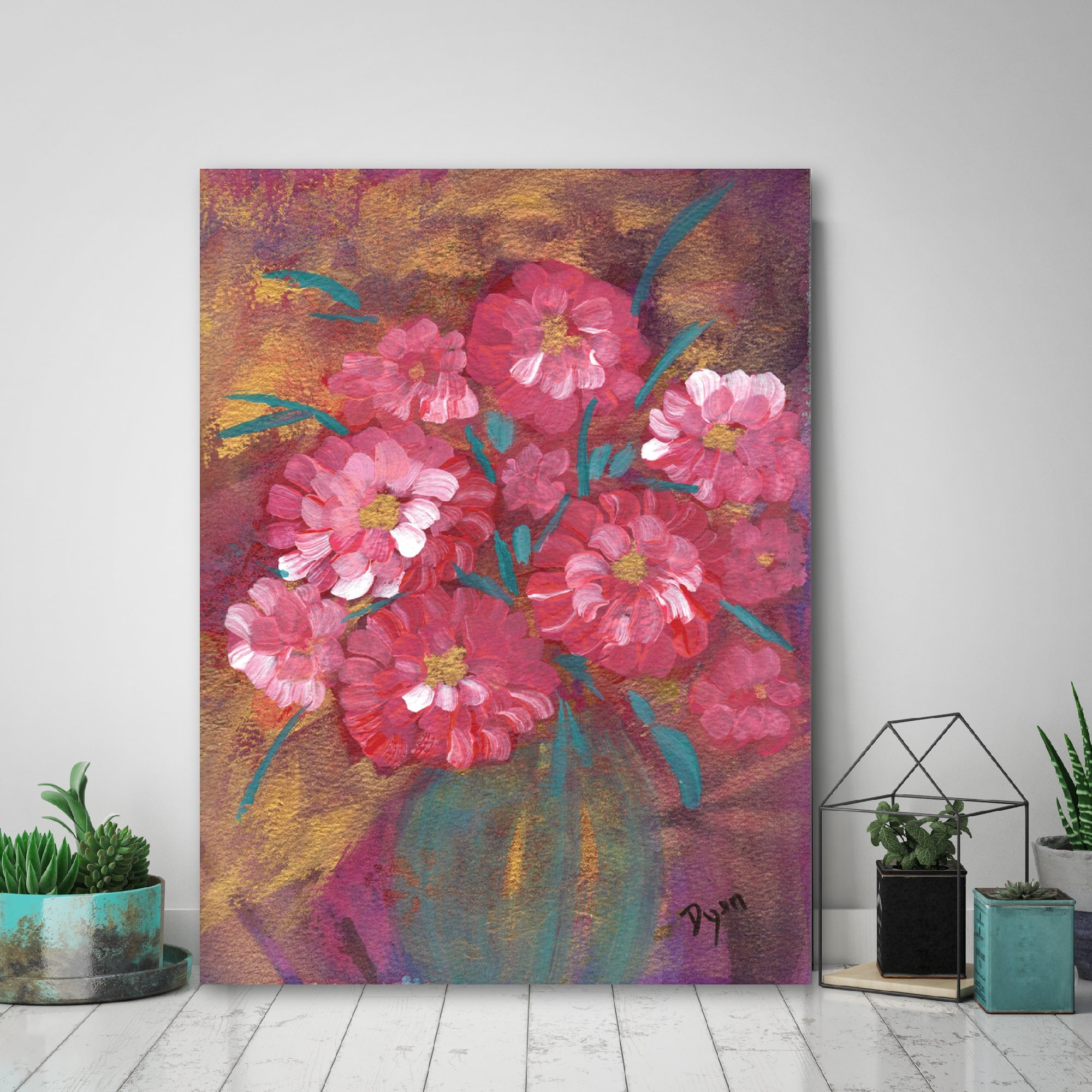 Pink Flower Green Vase Gallery-Wrapped Canvas Wall Art, 16x20