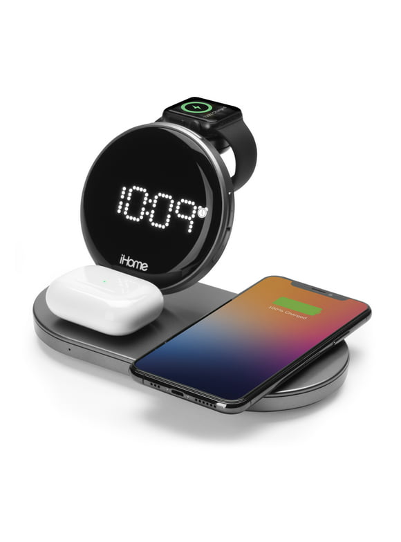 iHome Powervalet Quad+ 4-in-1 Digital Black LED Alarm Clock with Qi Wireless Fast Charging