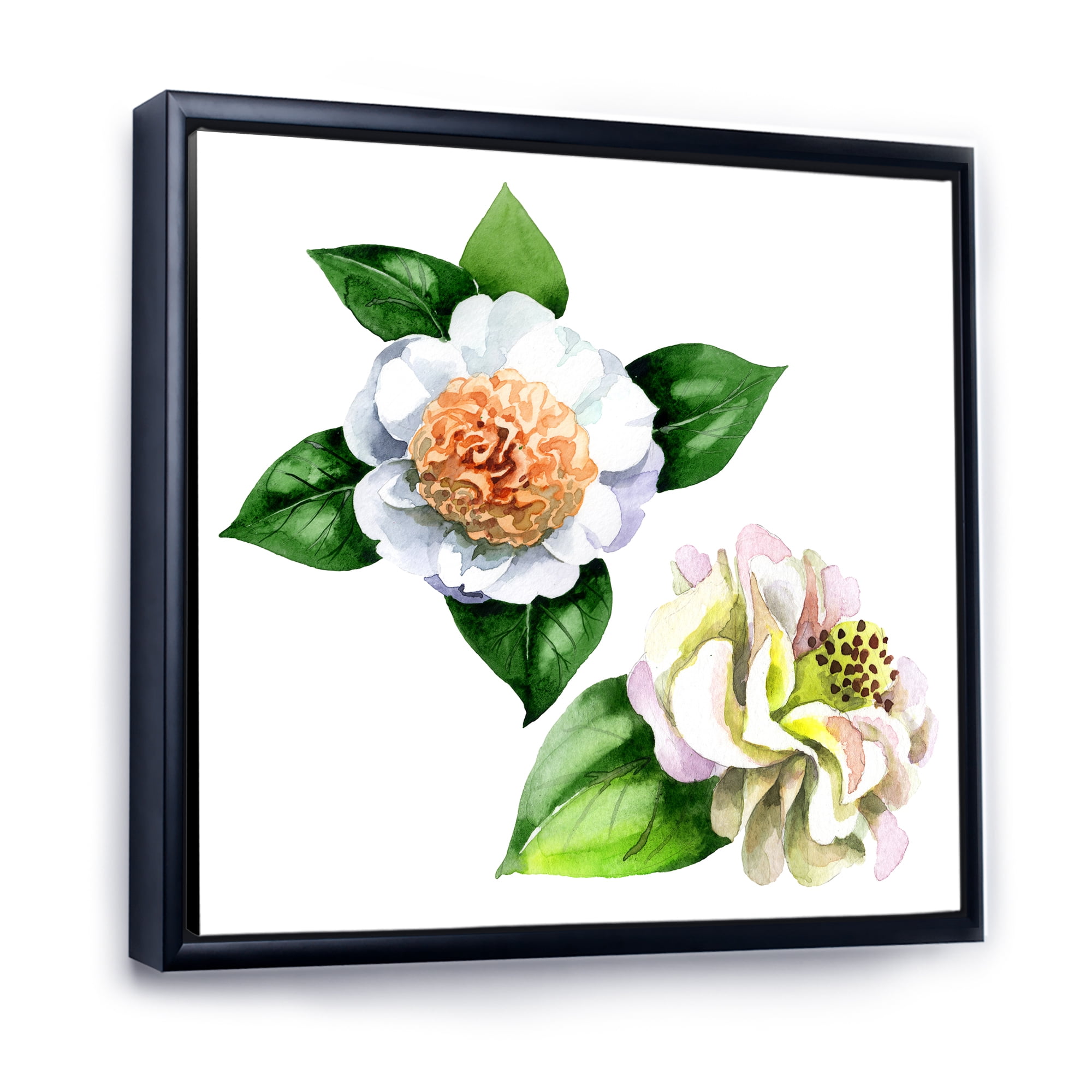 Designart 'Ancient White Camellia Flowers With Green Leaves' Traditional Framed Canvas Wall Art Print