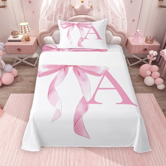 Erosebridal Girls Pink Bow Twin Sheet Sets, A Letter Bedding, Princess Style Bedroom Decor, 3pcs, 1 Flat Sheet, 1 Fitted Sheet and 1 Pillowcase