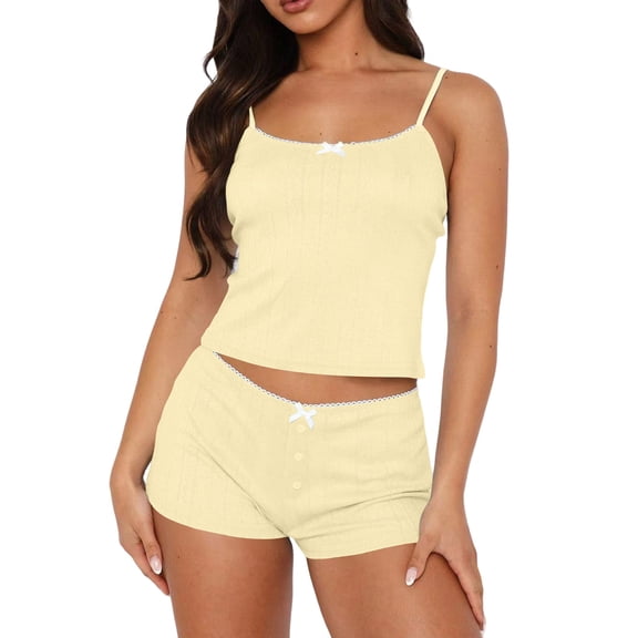 Dagugfen Pajama Sets for Women Sleeveless Camisole Tops Spaghetti Strap Elastic Waist 2" Shorts Home Sleepwear Sets(S,Yellow)