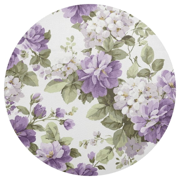 Purple White Florals Light Green Leaves PVC Round Grid Placemat Table Mat 1 Pc 15.4" x 15.4"