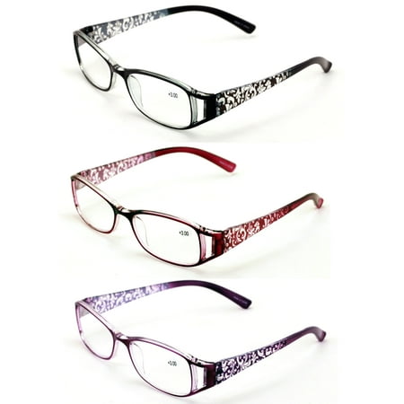 3 Pairs Women Flower Temple Floral Readers - Fashion Reading Glasses RX Magnification - Black Maroon Purple