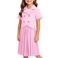 thumbnail image 5 of DJDLJWCJ Girls School Uniform Set Double Breasted Suit Collar Short Sleeve Shirt and Mid Length Pleated Skirt,Kids Formal Occasion Outfit Pink Size 6, 5 of 5