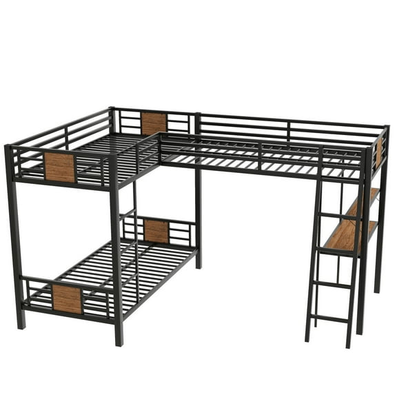 L-Shaped Twin over Twin Bunk Bed with Twin Size Loft Bed with Desk and Shelf