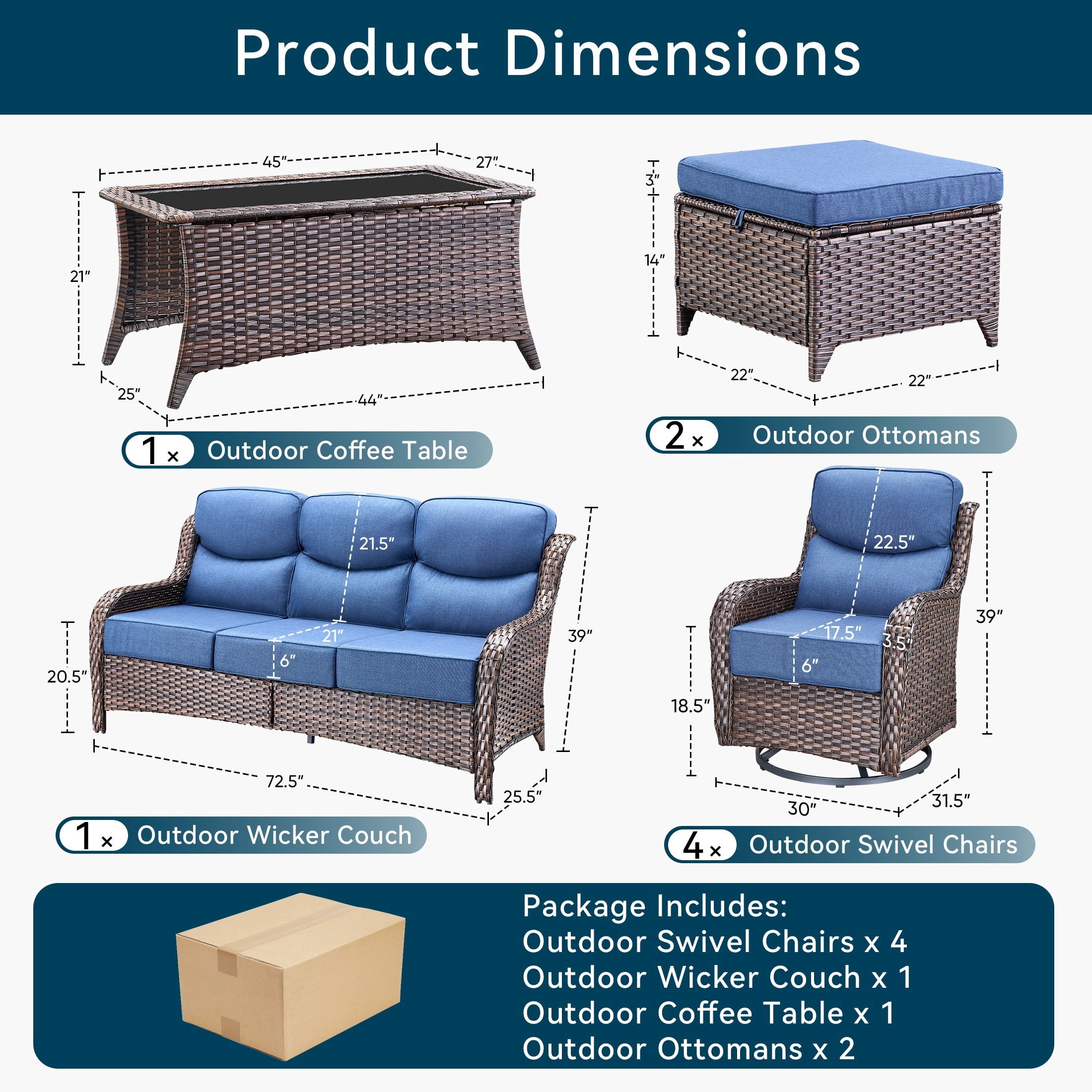 Unnifurnzi 8 Pieces Wicker Patio Furniture-Outdoor Swivel Chairs Set of 4 with 6 Inch Thick Cushions Outdoor Couch with Outdoor Foot Rest Outdoor Conversation Sets for Deck Porch Poolside-Brown/Blue