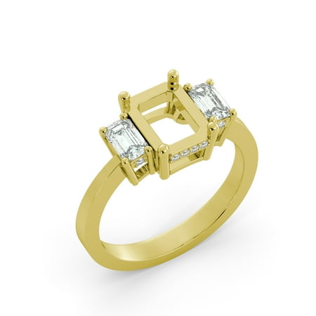 Emerald Semi Mount Ring - Emerald 3 Stone Diamond Semi Mount Bridal Round Engagement Ring 14k Yellow Gold