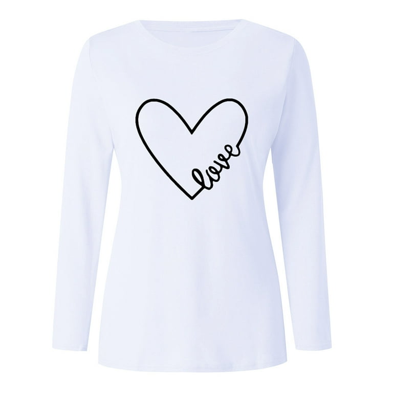 Zerlibeaful Long Sleeve Shirts for Women Valentine\'s Day Casual O Neck  Letter Print Heart-shaped Tee Tops