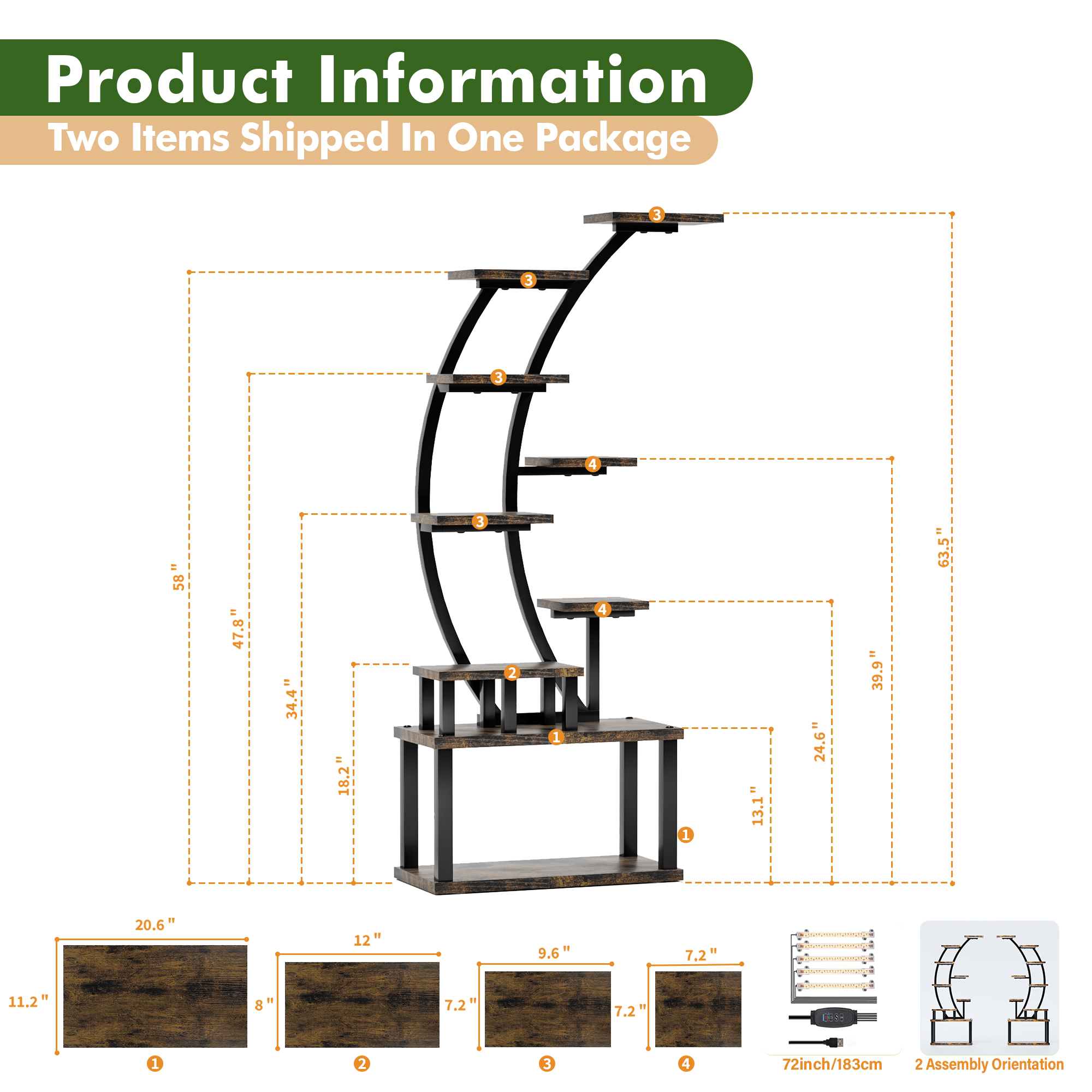 Aukfa 9-Tier Plant Stand with Full Spectrum Grow Lights & Timer, 63" Heavy Duty Tall Indoor Metal Plant Shelf, 2-Pack, Rustic Brown