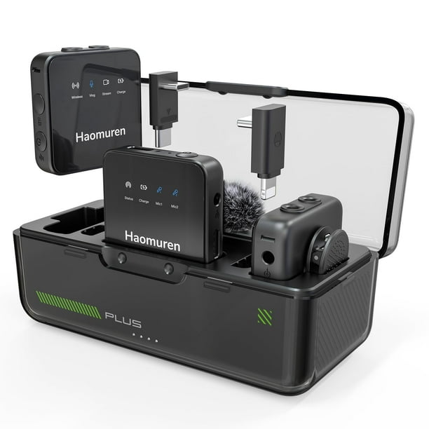 Micrófono Lavalier inalámbrico Haomuren, paquete de 2 para iPhone y Android