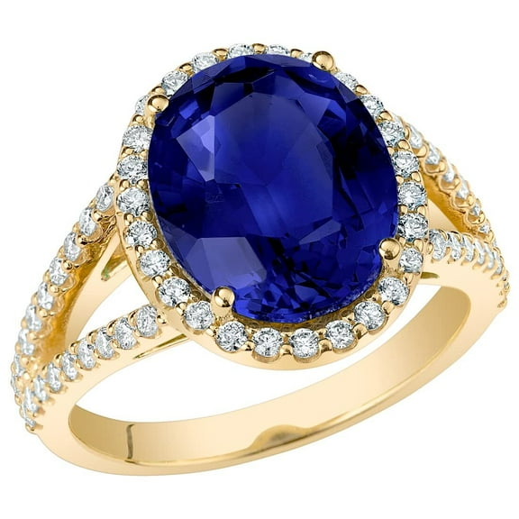 PEORA 14K Yellow Gold Created Blue Sapphire and Lab Grown Diamond Designer Ring for Women, 7.65 Carats Total, 12x10mm Oval Shape, Sizes 7.5