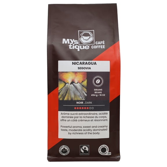 Café Mystique, NICARAGUA, Grains de Café 100% Arabica de Grade Spécialisé, Torréfaction Foncée, Biologique et Commerce Équitable, 454 g.