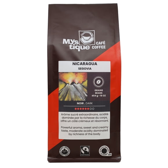 Mystique Coffee, NICARAGUA, 100% Arabica Specialty Grade coffee Beans, Dark Roast, Organic and Fair Trade, 454 g.
