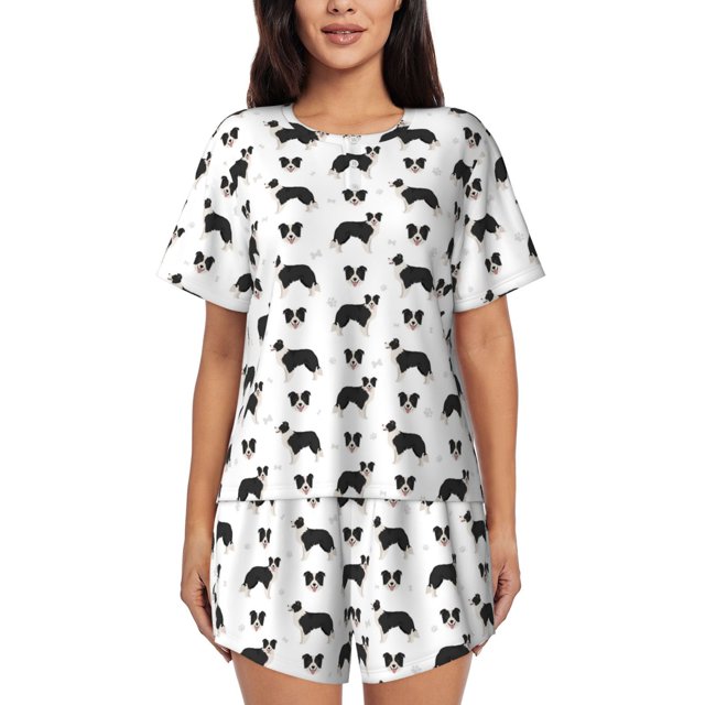 Balery Border Collie Dog Conjunto de Pijama para Mujer con Estampado, Dos Piezas de Manga Corta y Shorts, Ropa de Dormir Suave con Cuello Redondo y Bolsillos-Large