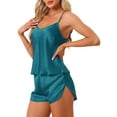 thumbnail image 4 of Conjuntos de pijamas de satén para mujer INSPIRE CHIC, top de tirantes con pantalones cortos, 2 piezas, ropa de dormir, conjunto de pijama de seda, XL, azul lago, 4 of 5
