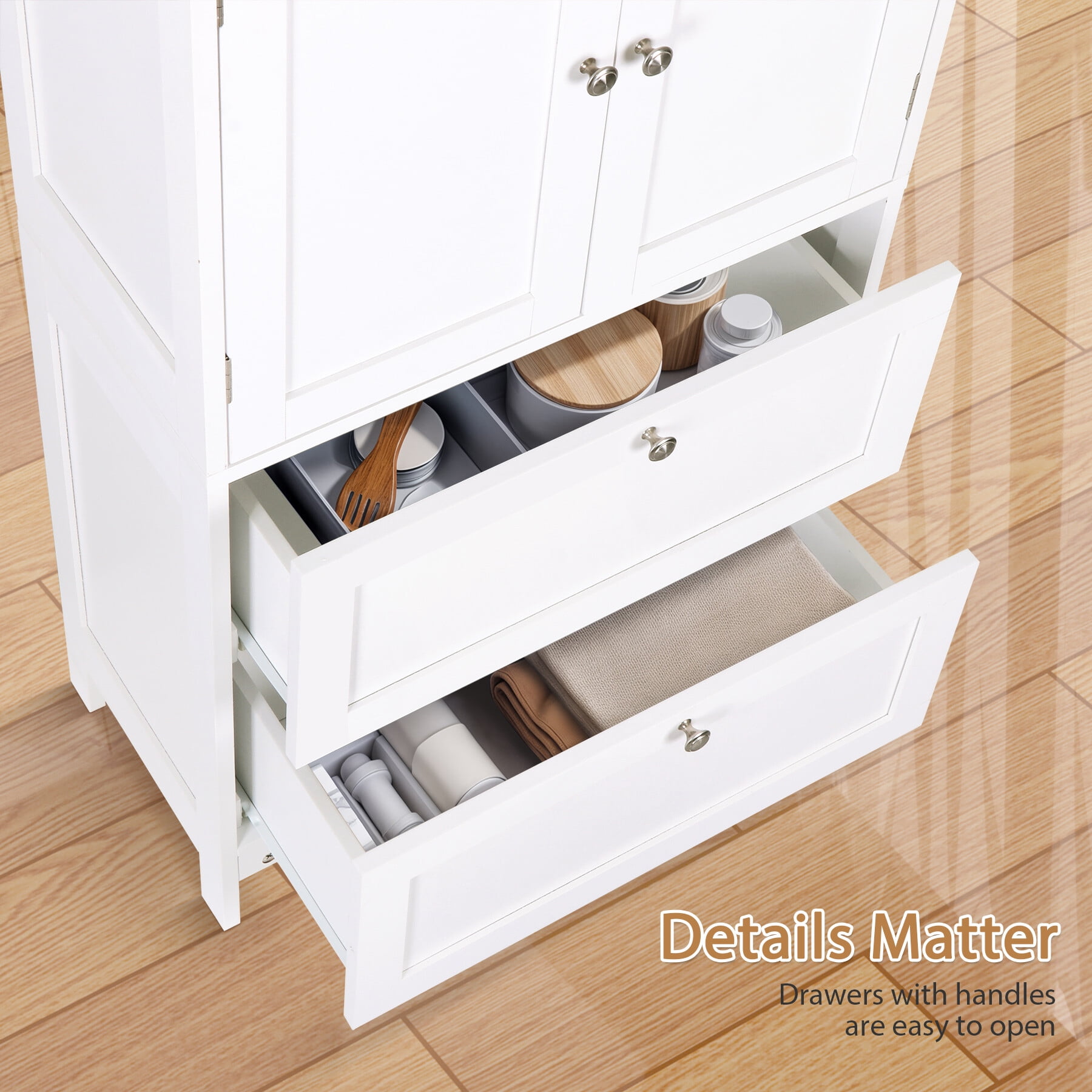 ZENY Bathroom Freestanding Floor Storage Cabinet Storage Unit with 2 Drawers and 2 Doors Adjustable Inner Shelf, White