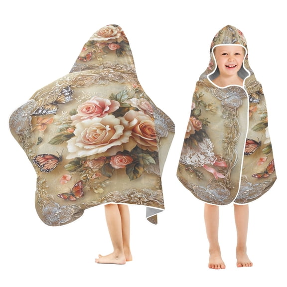 BZSMCE Towels Kids Hooded Beach Towel Butterfly and Roses on Lace Pool Bath Towel Soft