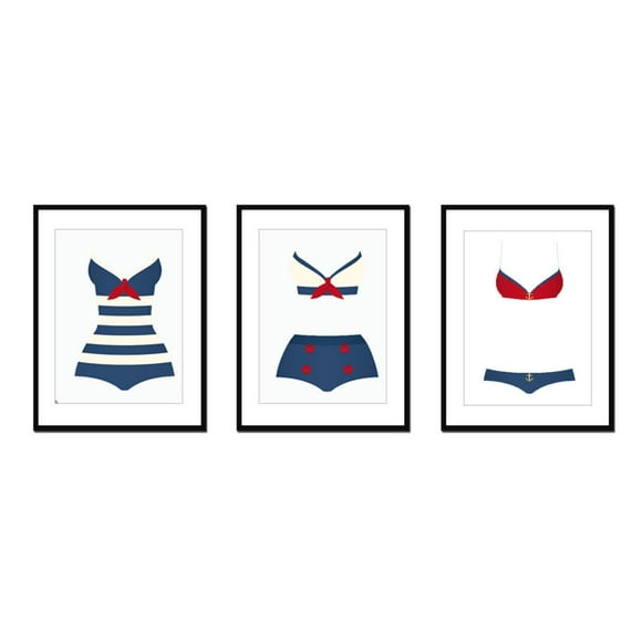 3 Pcs Maillots de Bain Vintage Art Encadré Maillot de Bain Décoration Murale Impression sur Toile (Cadre Noir)