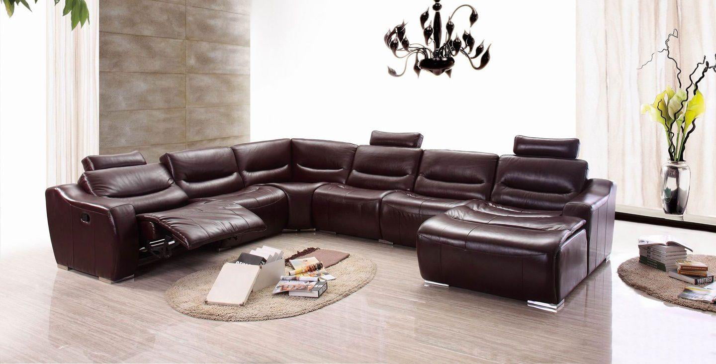 Modern Dark Brown Genuine Italian, Leather Sectional With Recliners