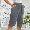 thumbnail image 3 of Fashion Womens Casual Solid Color Waist Elastic Loose Straight Wide Leg Half Shorts Pants With Pocket With 5" Inseam Drawstring Linen Blend Short, 3 of 4