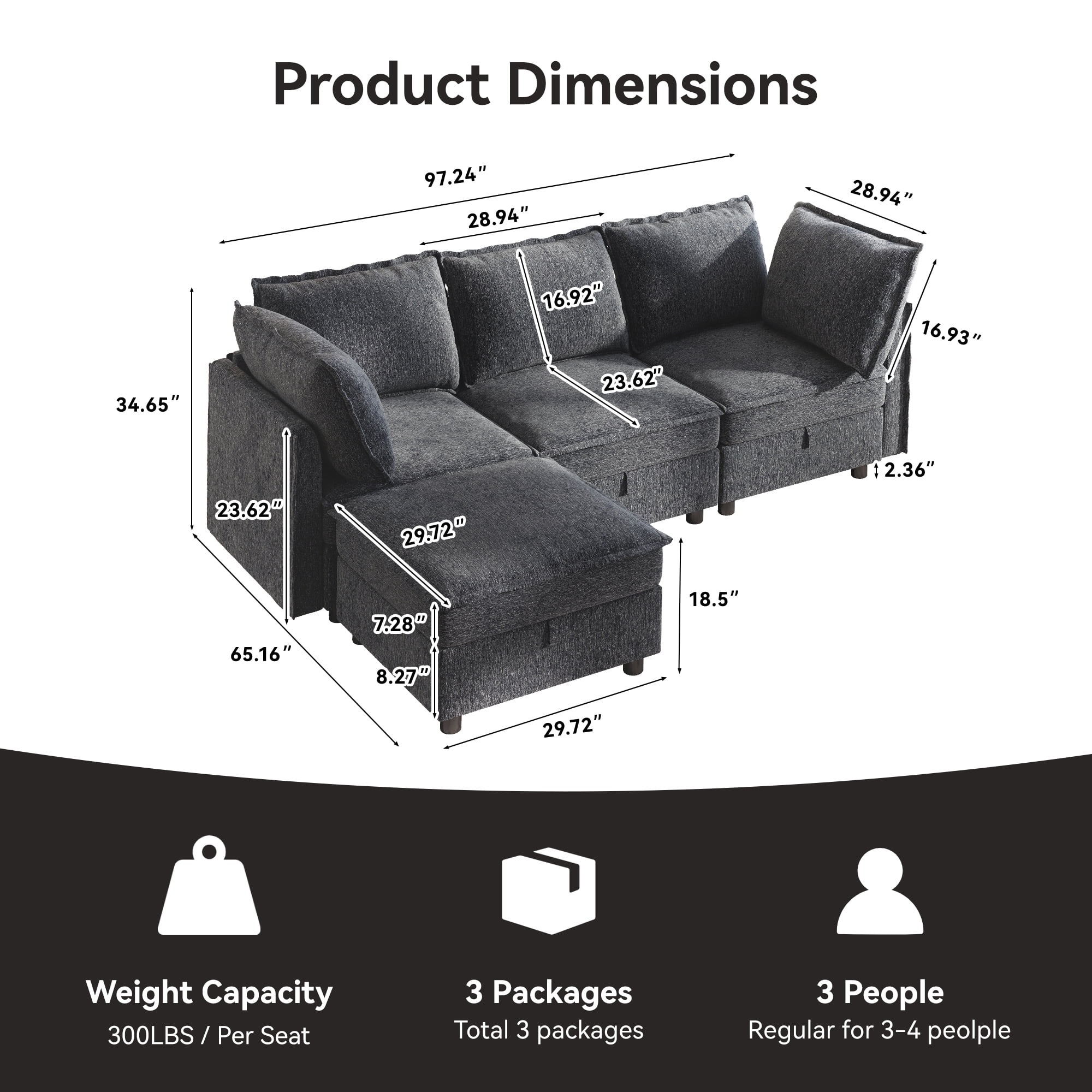 BedLuxury 97" Modular Sectional Sofa with Storage, L-Shaped Modern Sofa Couch with Movable Ottoman for Living Room, Office, Dark Gray
