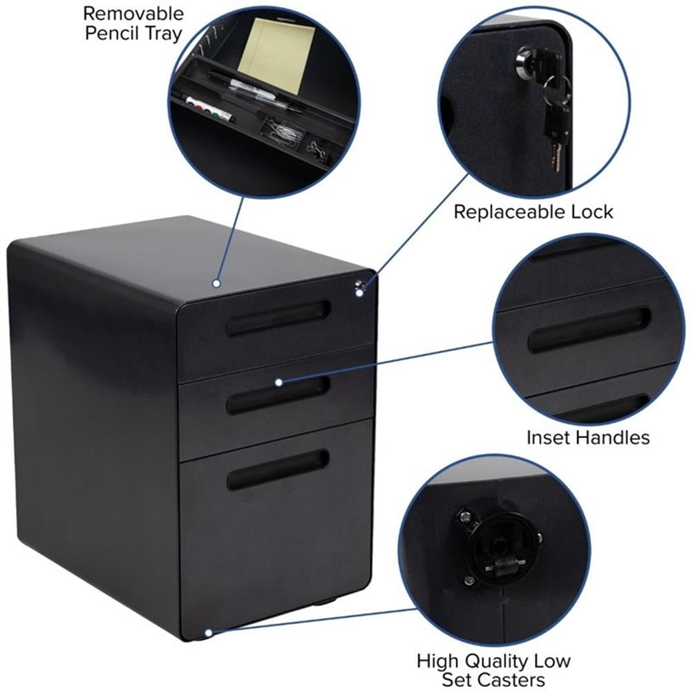 Pemberly Row Contemporary 3 Drawer Modern Mobile File Cabinet in Black
