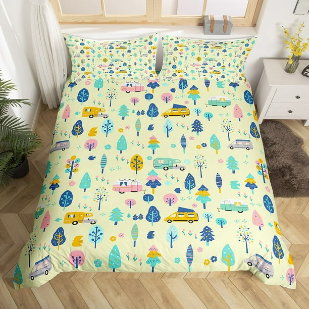 Lodge Cabin Duvet Cover Camping Themed Bedding Set,Happy Glamping Trailer Comforter Cover